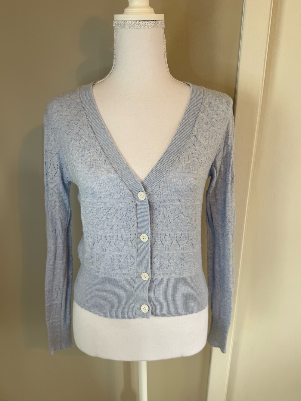 WISPR Light Blue Pointelle Knit V-Neck Button-Up Cardigan Sweater XS